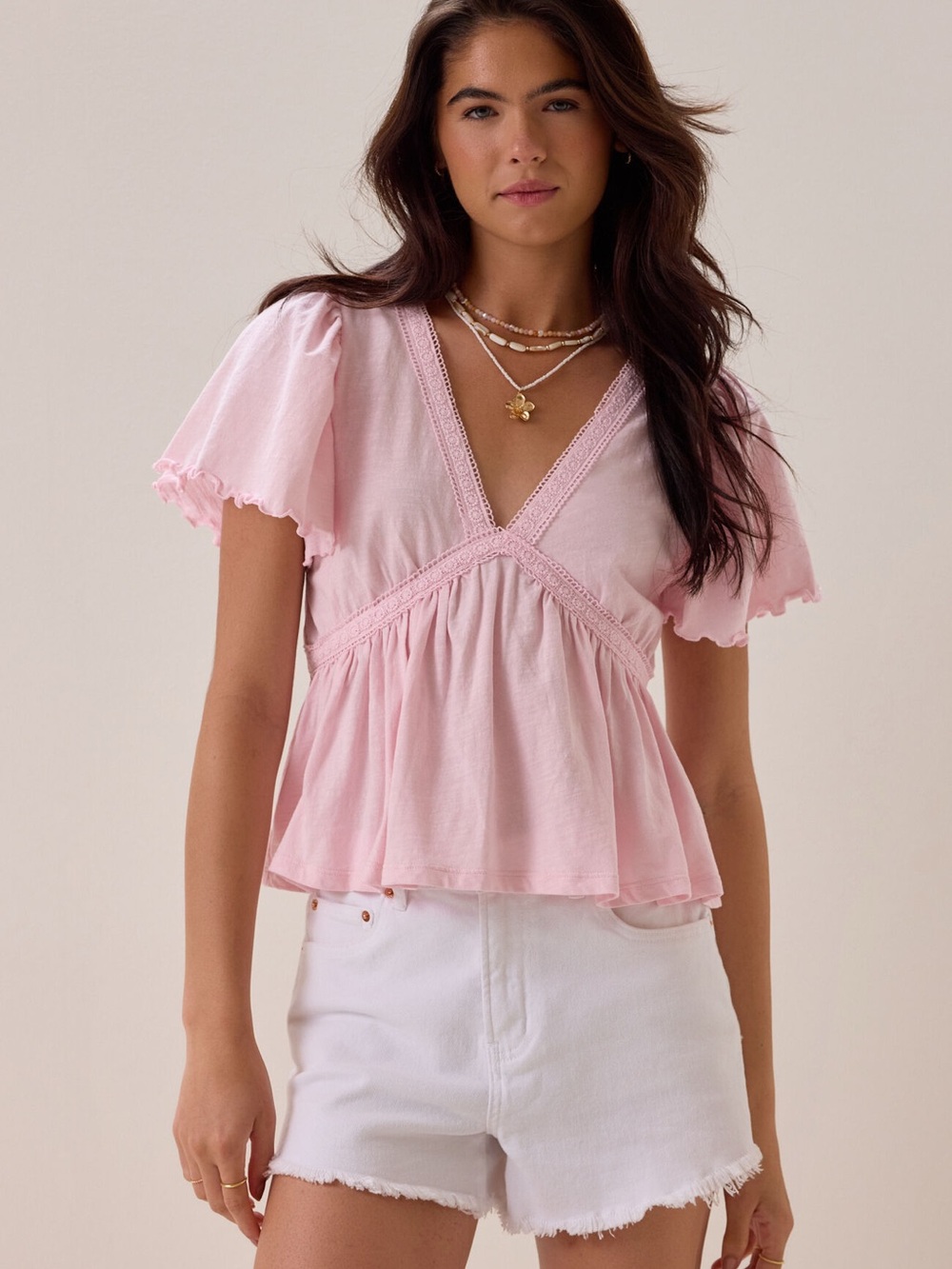 Altar'd State Light Pink V-Neck Peplum Blouse with Flutter Sleeves